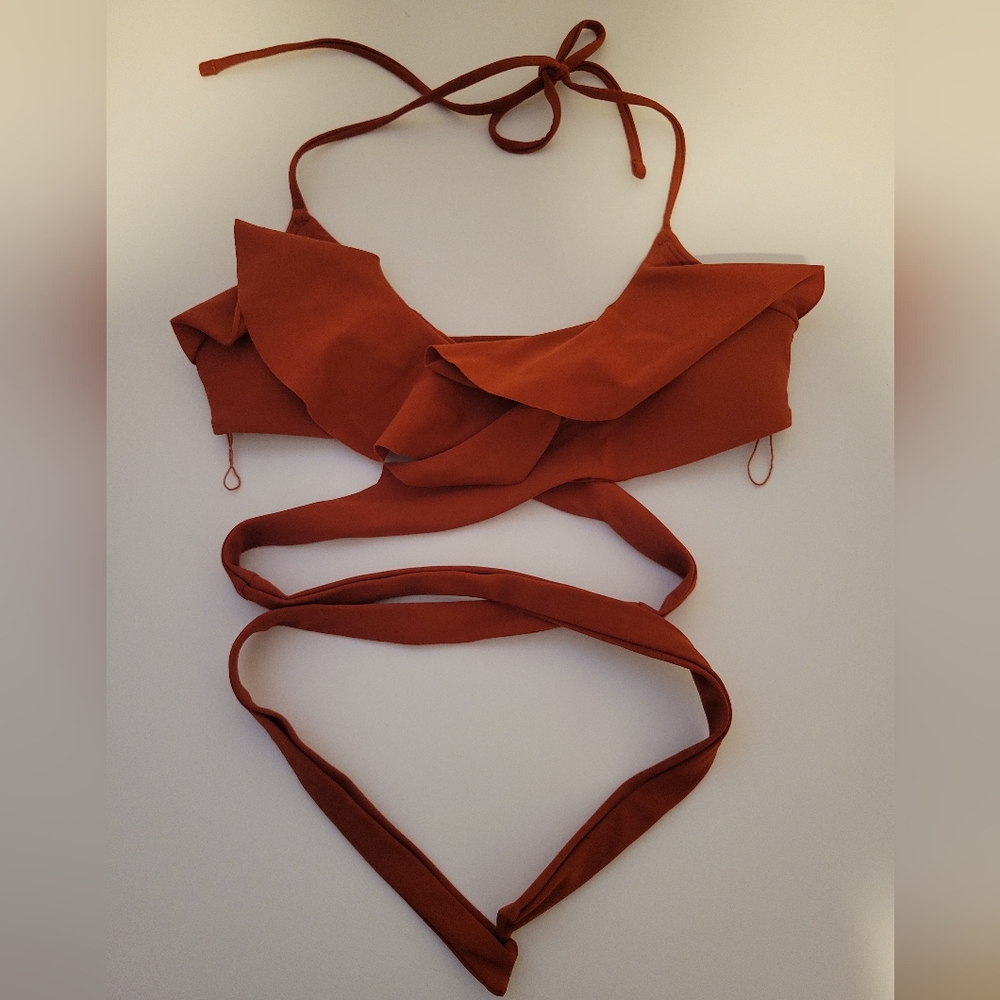 Aerie Burnt Orange Tie Up Ruffle Bikini Top